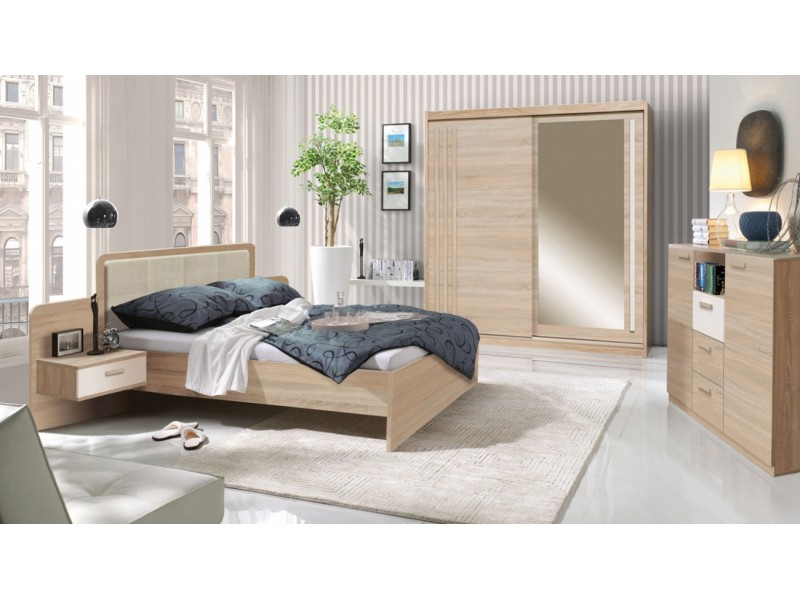 Set Mobila Dormitor Effect Sonoma - Pat 160x200 cm + Sifonier + Comoda + Noptiere