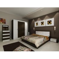 Set Mobila Dormitor Afrodita - Culoare Wenge-Alb - Pat 160x190 cm + Sifonier + Comoda + Noptiere