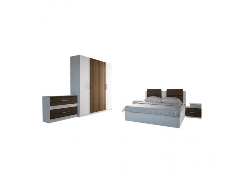 Set Mobila Dormitor Gabriela - Culoare Wenge-Alb - Pat 160x200 cm + Sifonier + Comoda + Noptiere