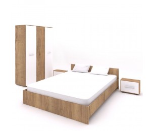 Set Mobila Dormitor Hera 2 - Culoare Alb-Stejar - Pat 160x200 cm + Sifonier + Noptiere