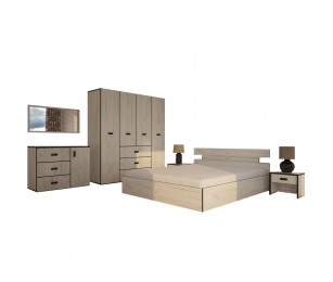 Set Mobila Dormitor Sani - Culoare Stejar-Negru - Pat 160x190 cm + Sifonier + Comoda + Oglinda + Noptiere